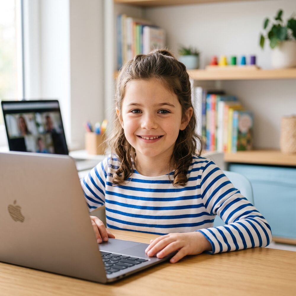 Une enfant suit son cours en ligne depuis sa chambre